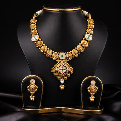 Antique Gold Necklace Set with Matching Earrings