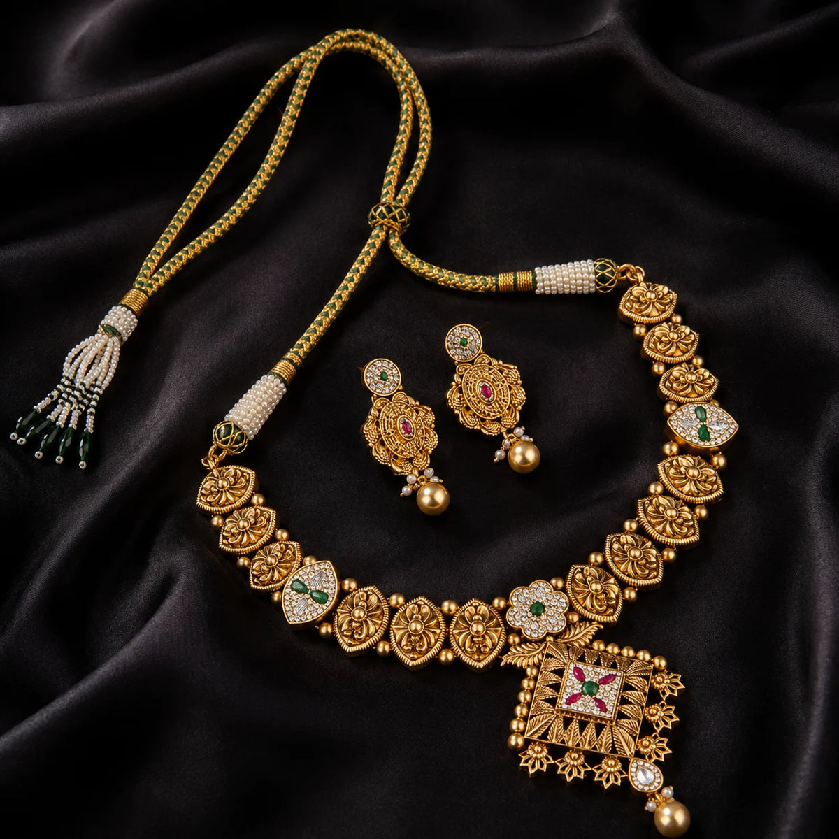 Antique Gold Necklace Set with Matching Earrings