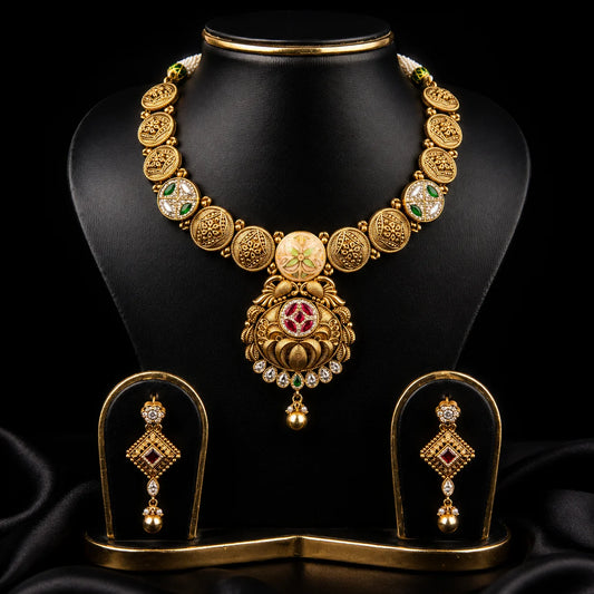 Antique Gold Necklace Set with Matching Earrings