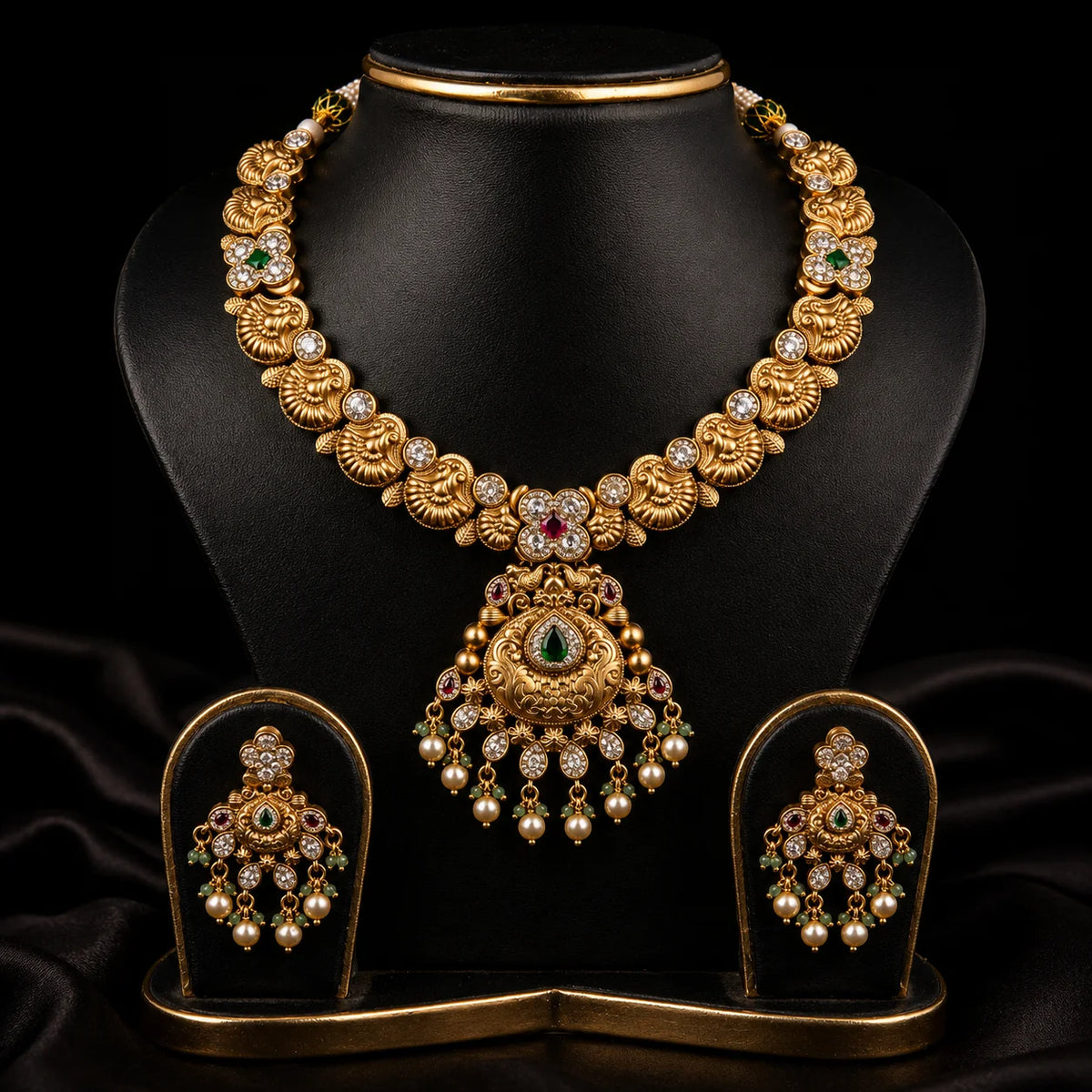 Antique Gold Necklace Set with Pearl Drop Earrings