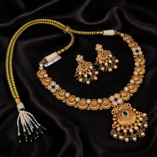 Antique Gold Necklace Set with Pearl Drop Earrings