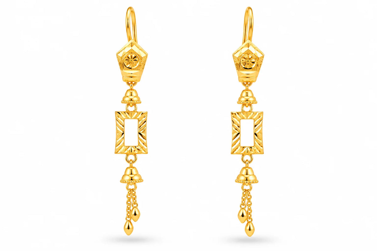 Gold Finish Geometric Long Drop Earrings