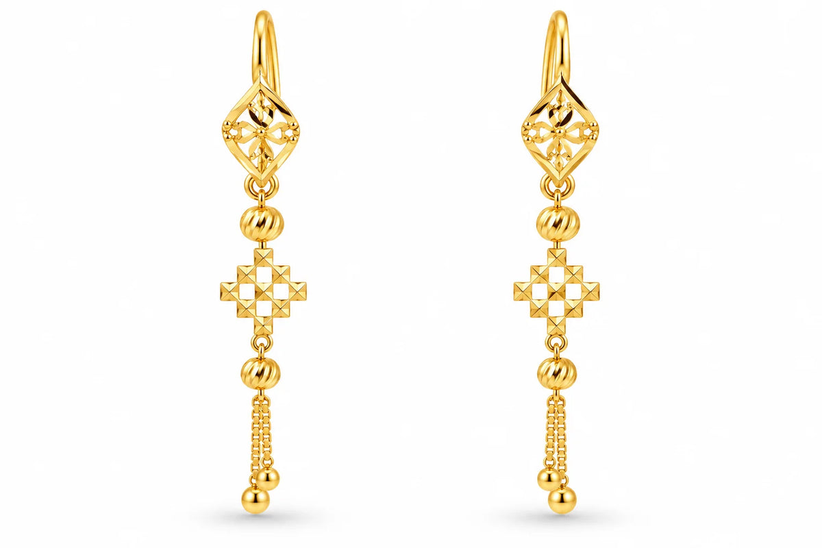 Gold Finish Geometric Floral Drop Earrings