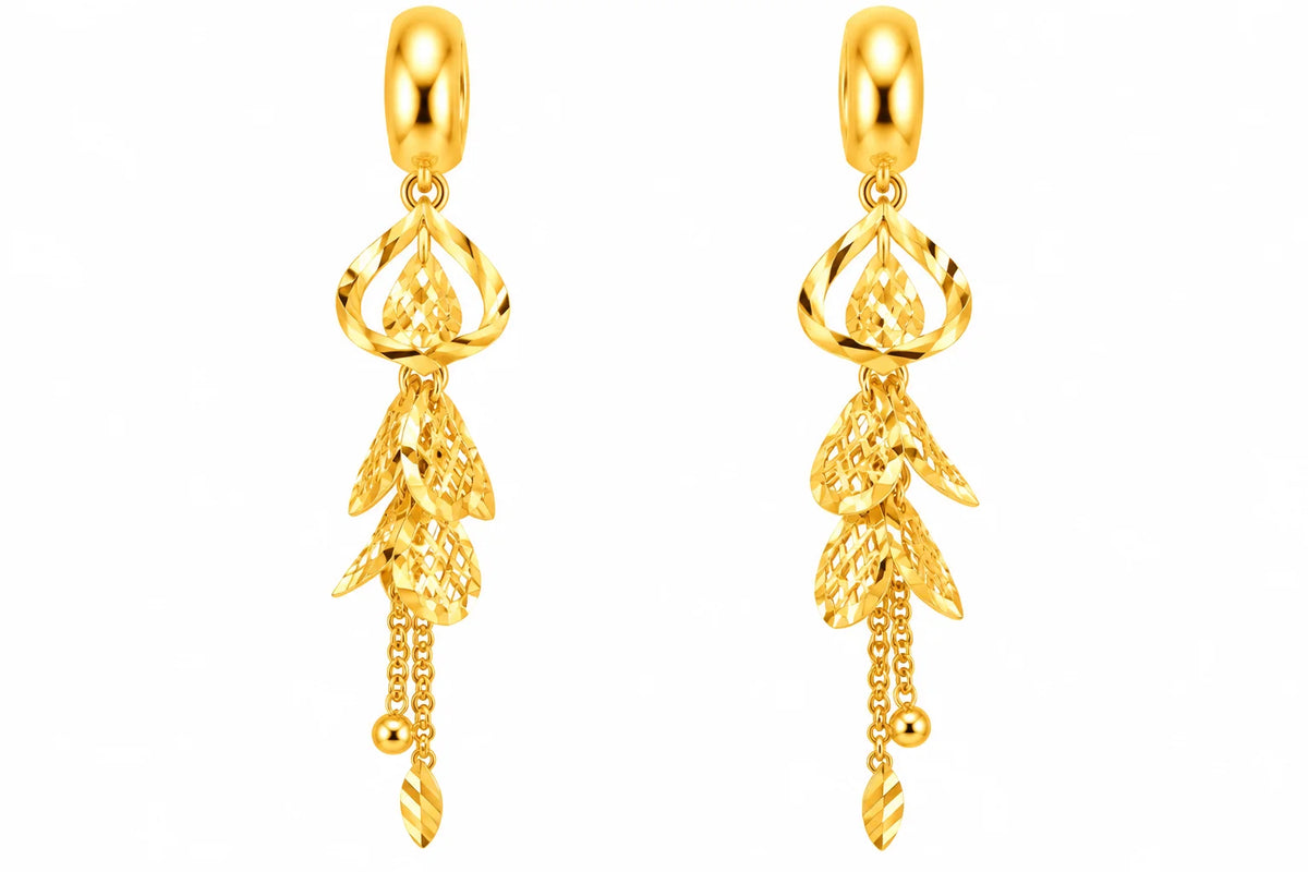 Floral Leaf Cluster Long Drop Earrings