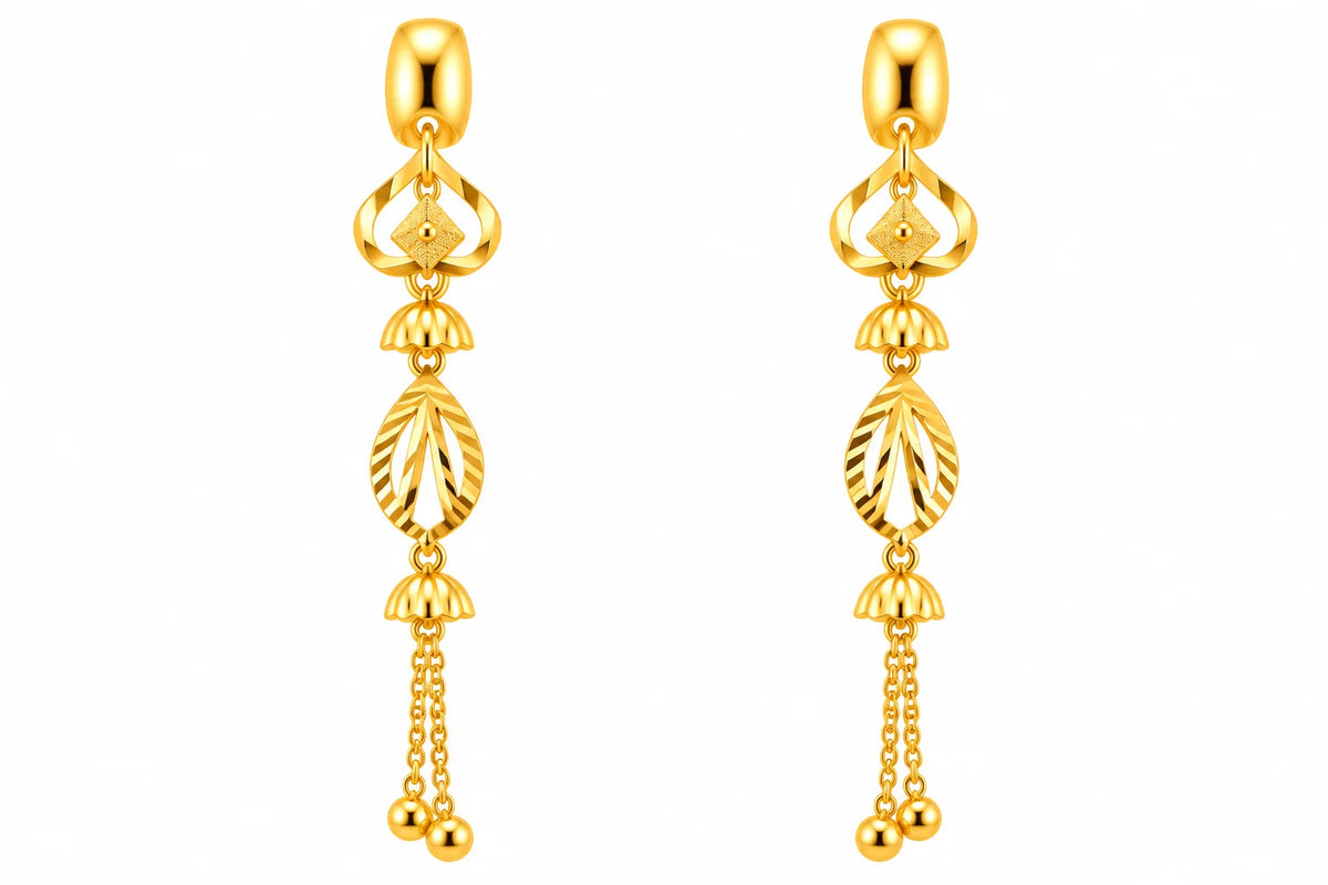 Long Drop Earrings – Leaf & Geometric Design