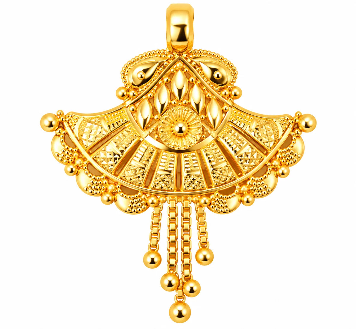 Traditional Fan-Shaped Gold Finish Pendant with Floral Detailing