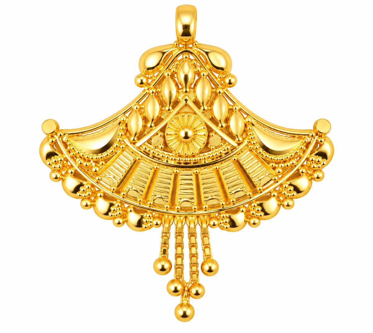 Traditional Fan-Shaped Gold Finish Pendant with Bead Tassels