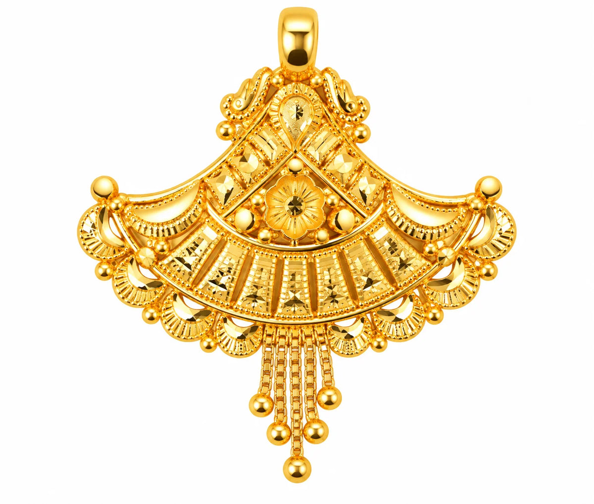 Traditional Fan-Shaped Gold Finish Pendant with Floral Detailing