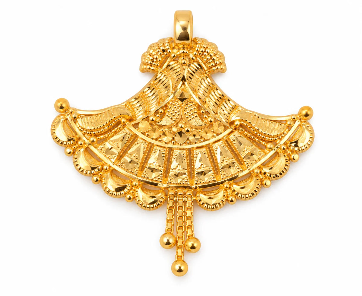 Traditional Gold Finish Fan-Shaped Pendant with Hanging Drops