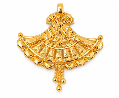 Traditional Gold Finish Fan-Shaped Pendant with Hanging Drops