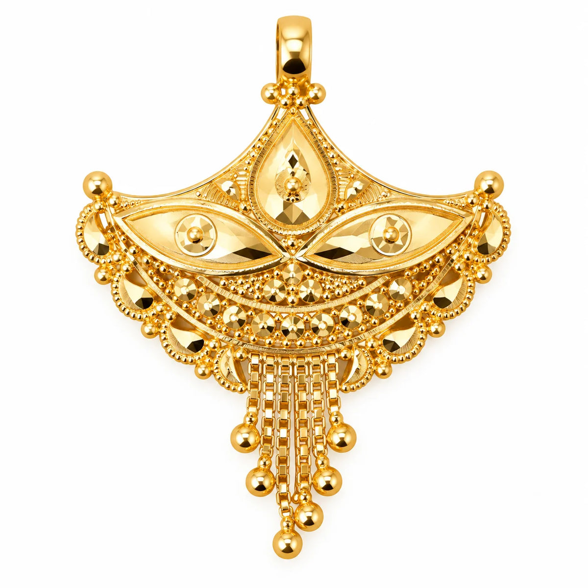 Traditional Gold Finish Fan-Shaped Pendant with Hanging Beads