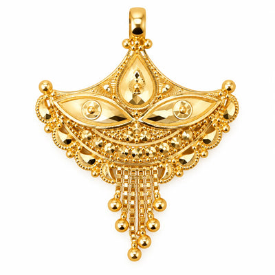 Traditional Gold Finish Fan-Shaped Pendant with Hanging Beads