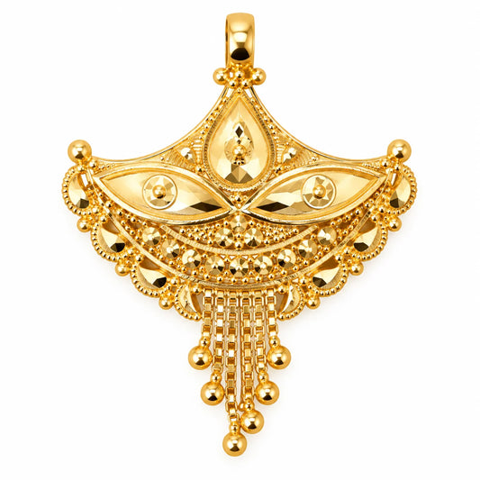 Traditional Gold Finish Fan-Shaped Pendant with Hanging Beads