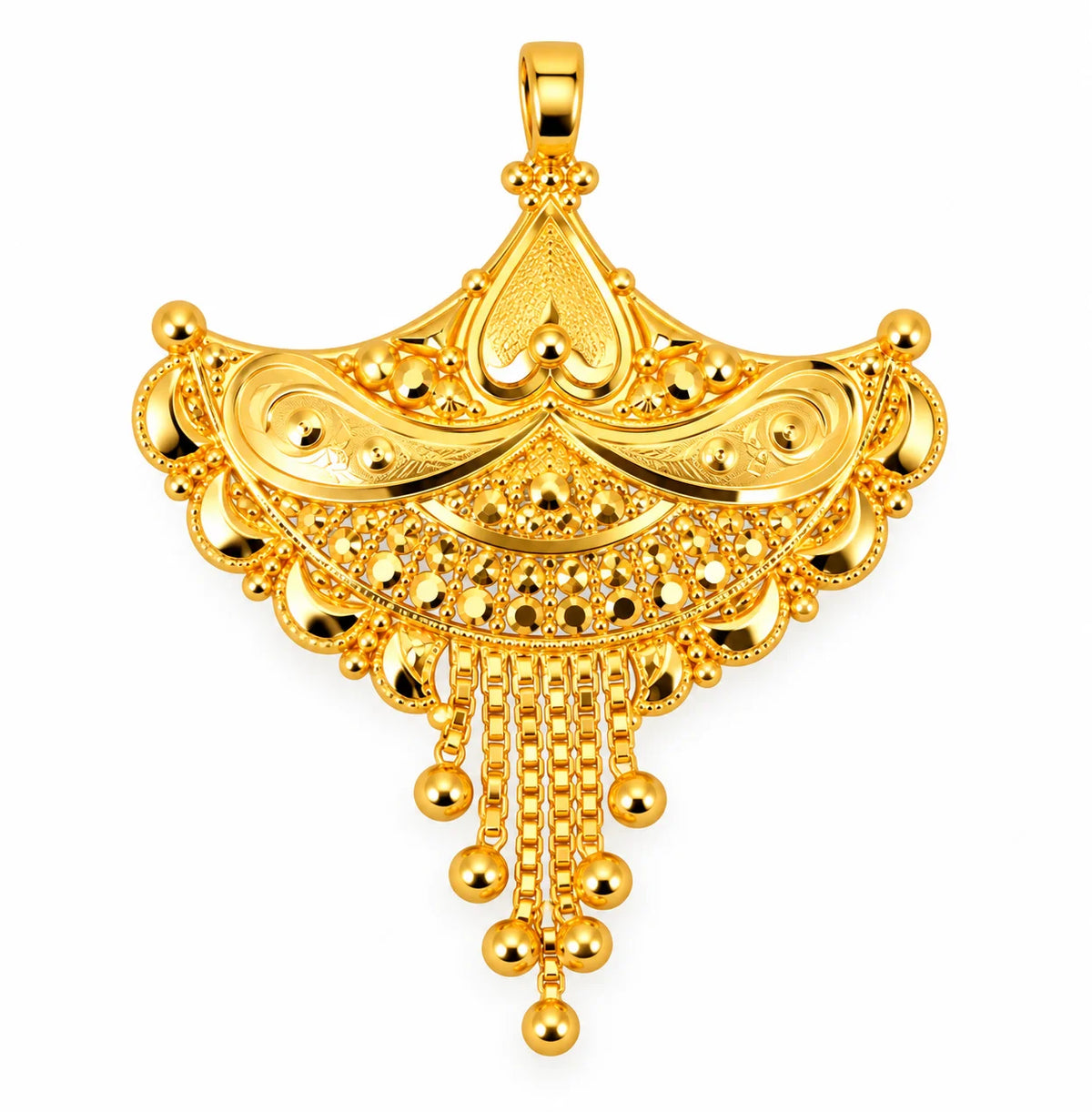 Traditional Gold Finish Fan-Shaped Pendant with Hanging Chains