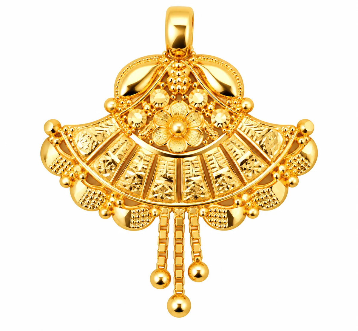 Traditional Gold Finish Fan-Shaped Pendant with Hanging Beads