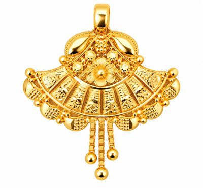Traditional Gold Finish Fan-Shaped Pendant with Hanging Beads