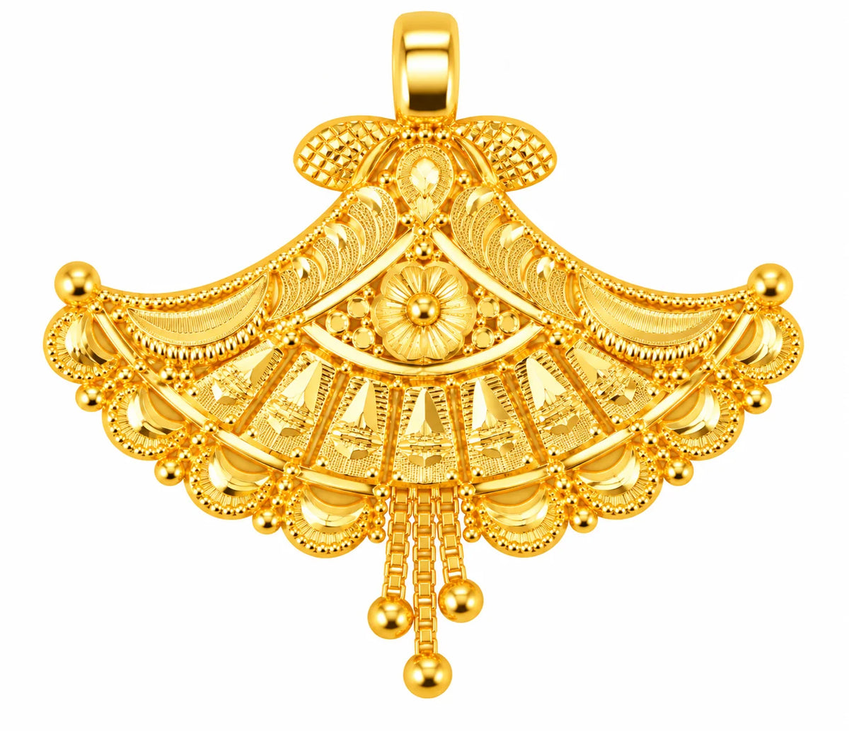 Traditional Gold Finish Floral Fan-Shaped Pendant with Hanging Beads
