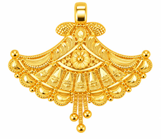Traditional Gold Finish Floral Fan-Shaped Pendant with Hanging Beads