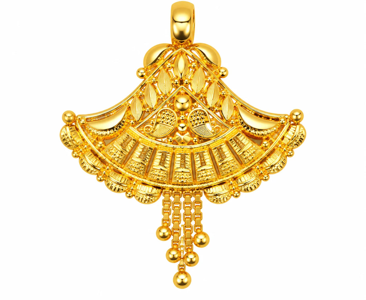 Traditional Gold Finish Fan-Shaped Pendant with Leaf Motifs & Hanging Beads