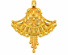Traditional Gold Finish Fan-Shaped Pendant with Leaf Motifs & Hanging Beads