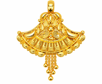Traditional Gold Finish Fan-Shaped Pendant with Leaf Motifs & Hanging Beads