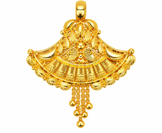 Traditional Gold Finish Fan-Shaped Pendant with Leaf Motifs & Hanging Beads