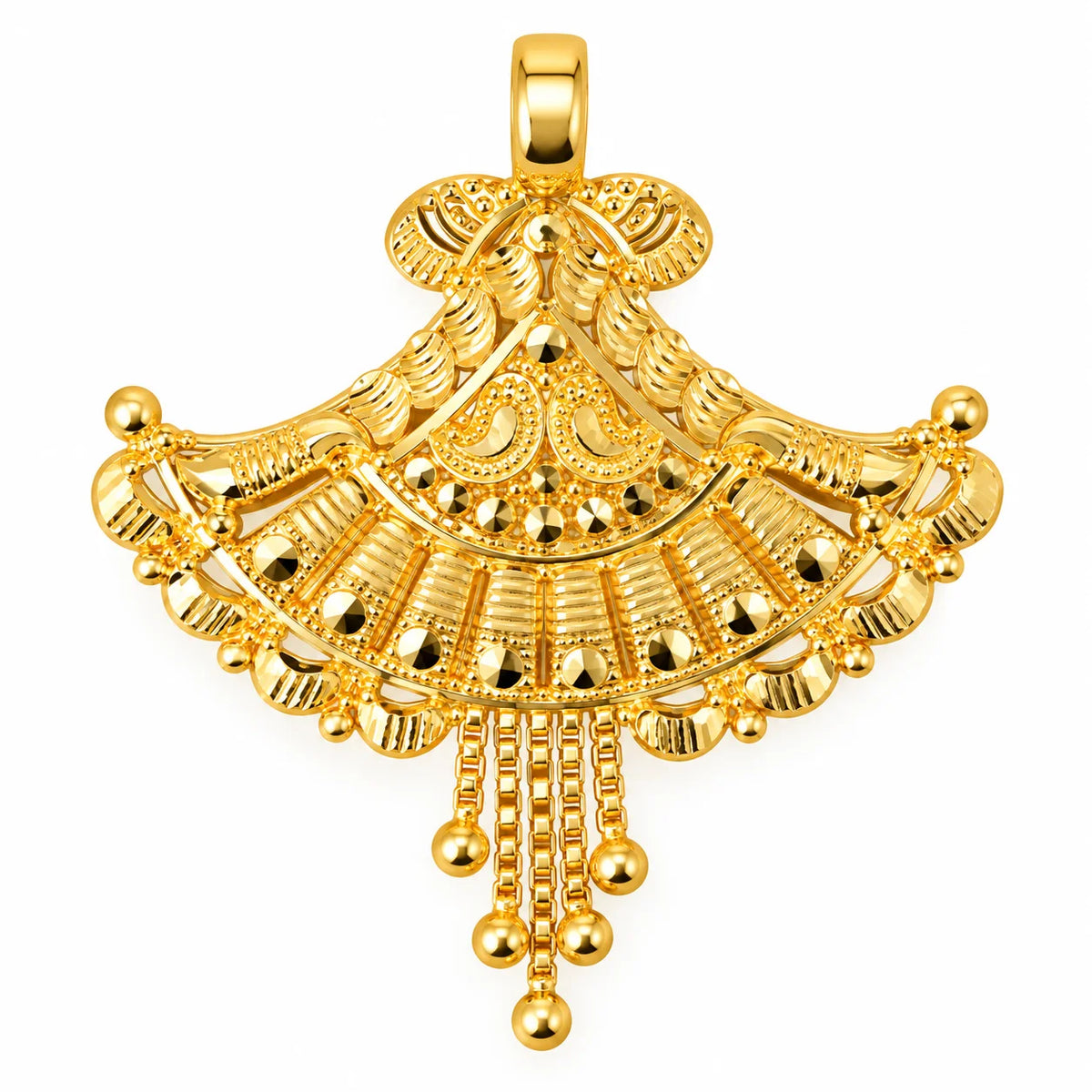 Traditional Gold Finish Fan-Shaped Pendant with Paisley Motifs & Hanging Beads