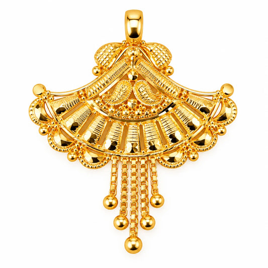 Traditional Gold Finish Fan-Shaped Pendant with Hanging Beads