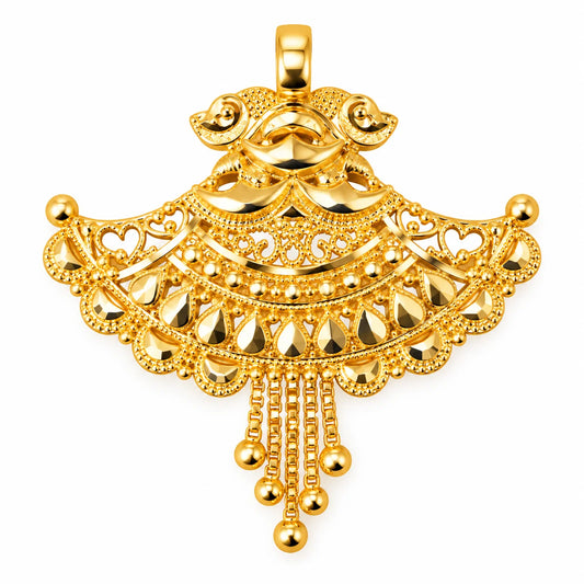 Traditional Gold Finish Fan-Shaped Pendant with Heart & Teardrop Detailing