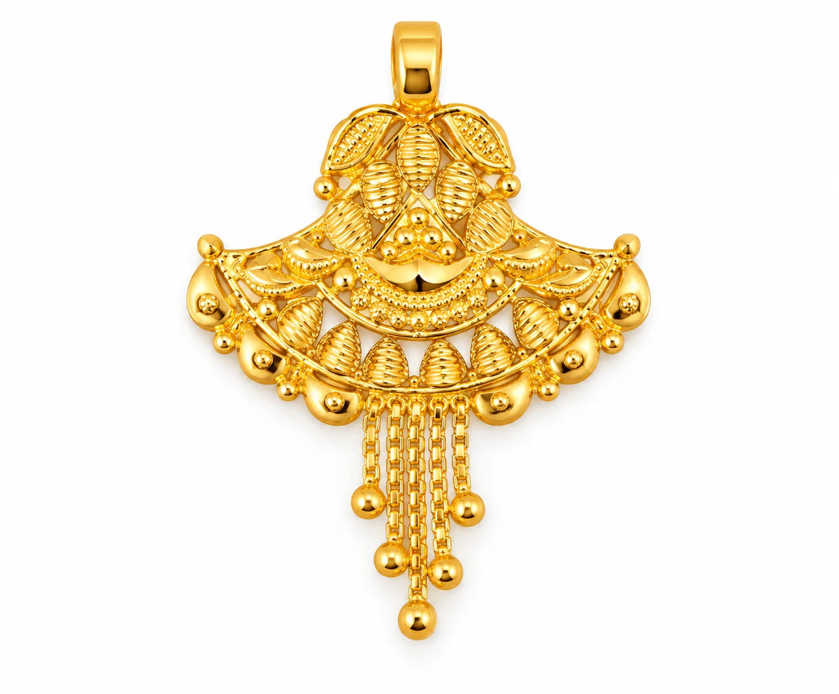 Traditional Fan-Shaped Gold Finish Pendant with Multi-Chain Tassels