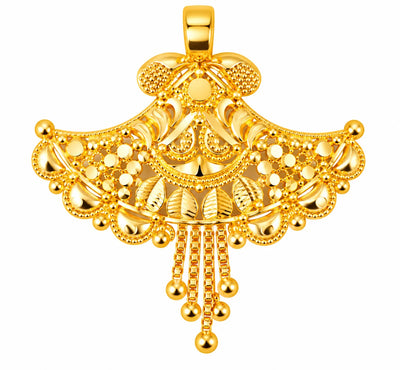 Traditional Gold Finish Fan-Shaped Pendant with Leaf & Beaded Detailing