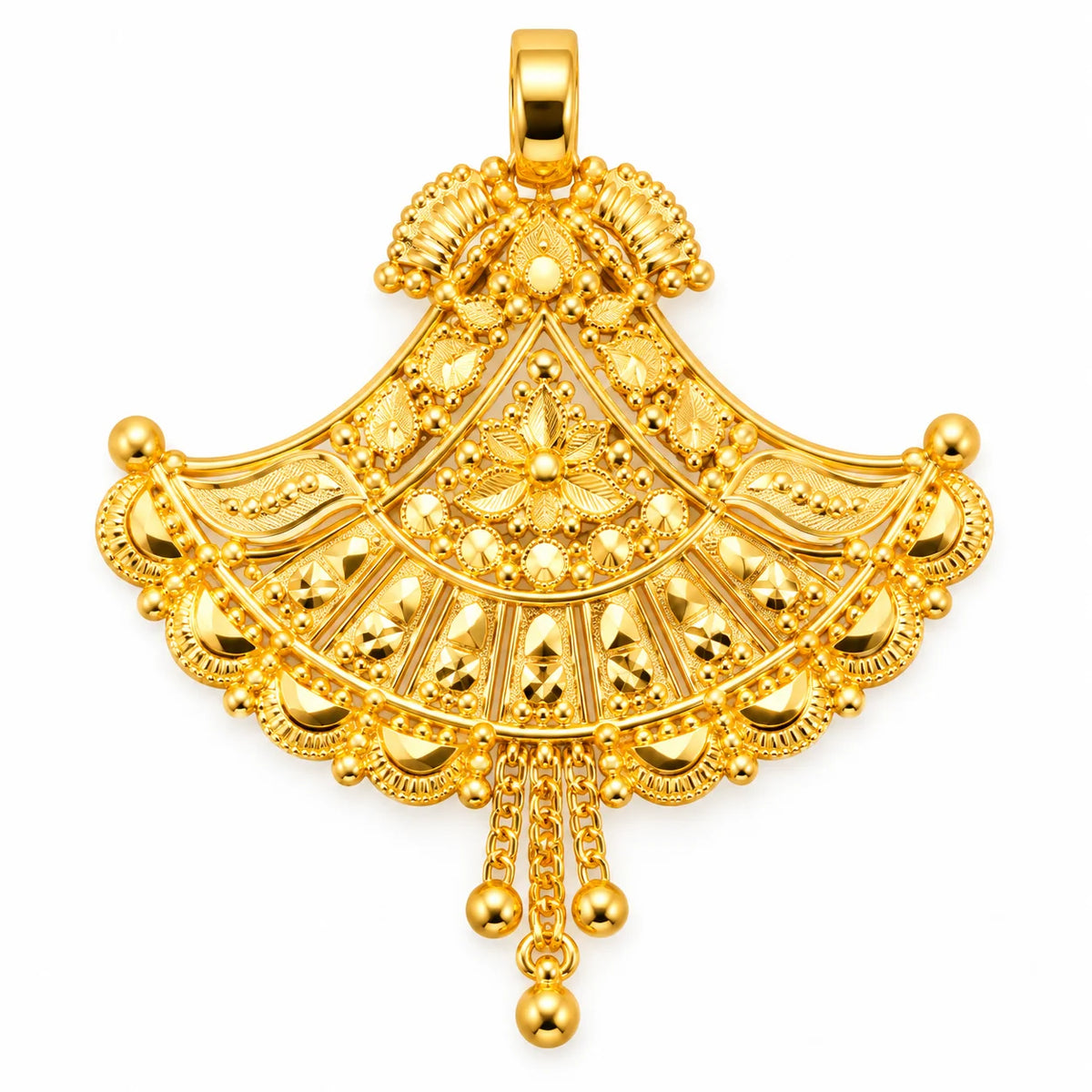 Traditional Floral Fan-Shaped Gold Finish Pendant with Hanging Bead Tassels
