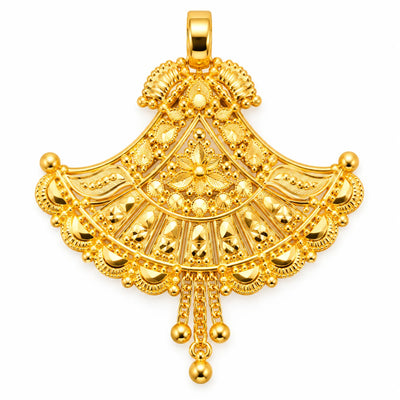 Traditional Floral Fan-Shaped Gold Finish Pendant with Hanging Bead Tassels