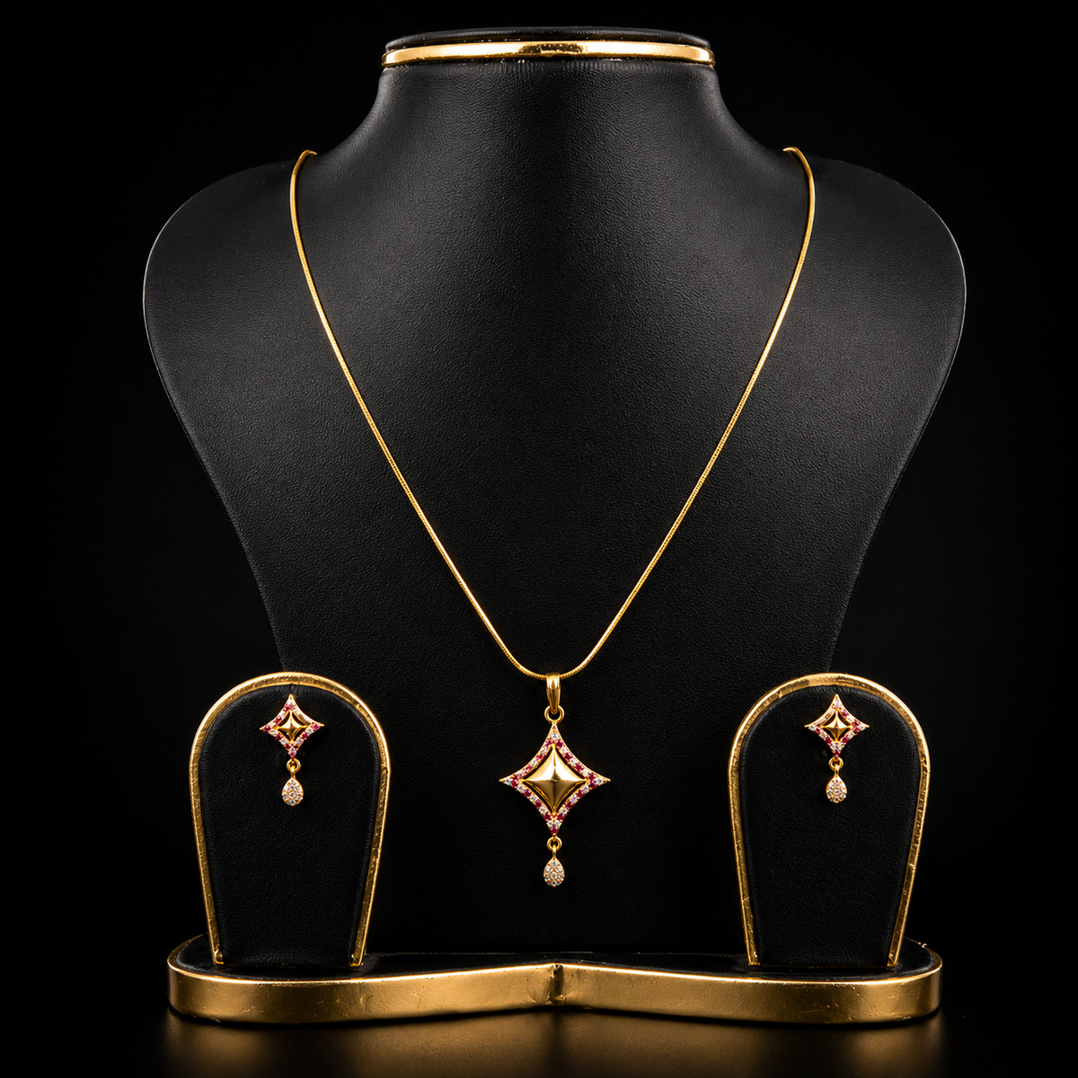 Geometric Pendant & Earrings Set with Red Accents