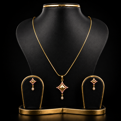 Geometric Pendant & Earrings Set with Red Accents