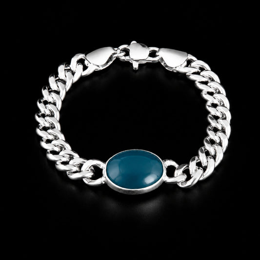 Men's Blue Stone Silver Curb Bracelet