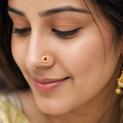 Compact Red Stone Floral Nose Pin