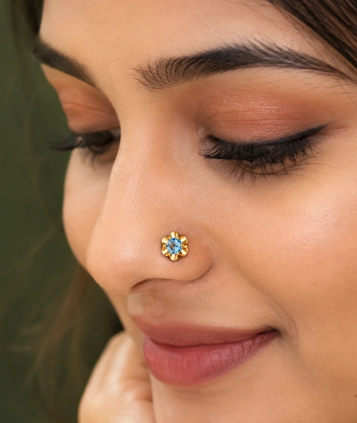 Blue Stone Floral Nose Pin