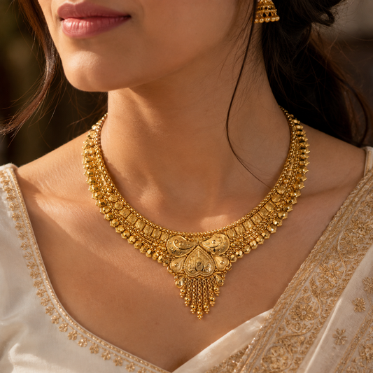 Curved Medallion Tassel Gold Necklace