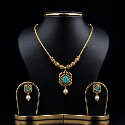 Turquoise Pendant Necklace Set with Pearl Drop Earrings