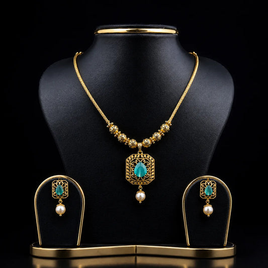 Turquoise Pendant Necklace Set with Pearl Drop Earrings