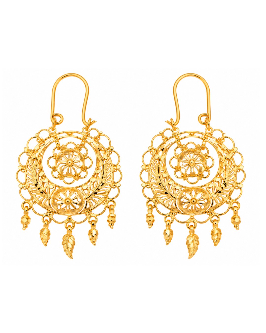 Gold Finish Floral Filigree Leaf Dangling Earrings