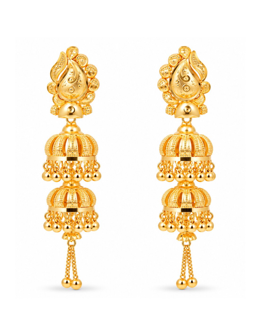 Premium Gold Finish Triple-Layer Jhumka Earrings