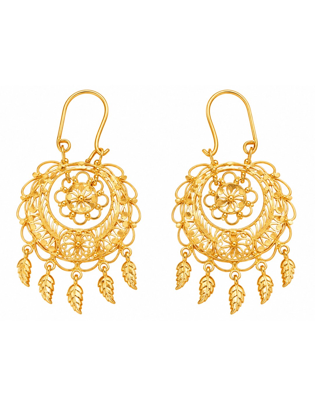 Gold Finish Floral Leaf Dangling Earrings