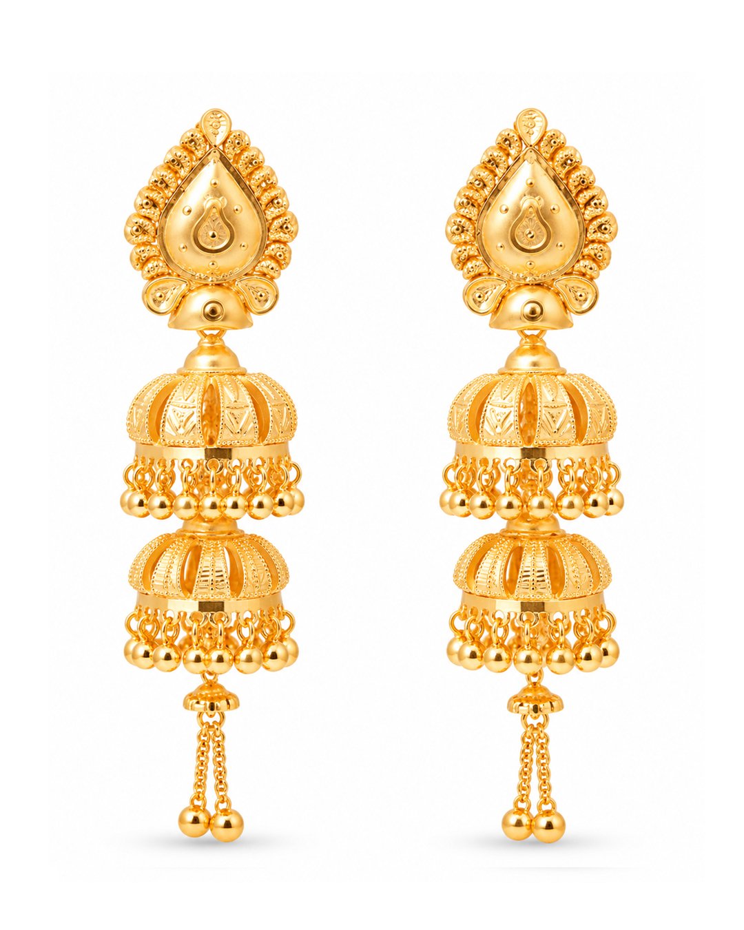 Premium Gold Finish Double-Layer Traditional Jhumka Earrings