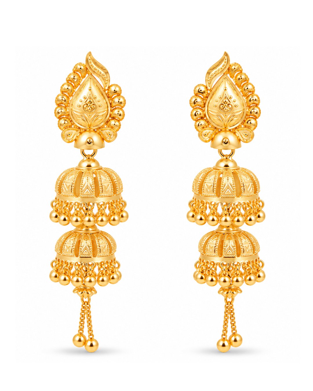 Premium Gold Finish Triple-Layer Jhumka Earrings
