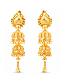 Premium Gold Finish Double-Layer Jhumka Earrings with Chain Tassels