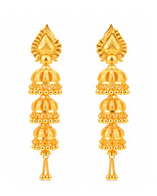 Premium Gold Finish Triple-Layer Jhumka Earrings with Chain Tassels