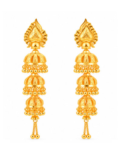 Premium Gold Finish Triple-Layer Jhumka Earrings with Chain Tassels