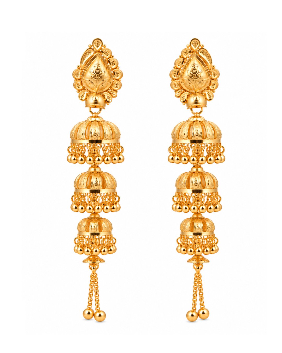 Premium Gold Finish Triple-Layer Jhumka Earrings with Chain Tassels